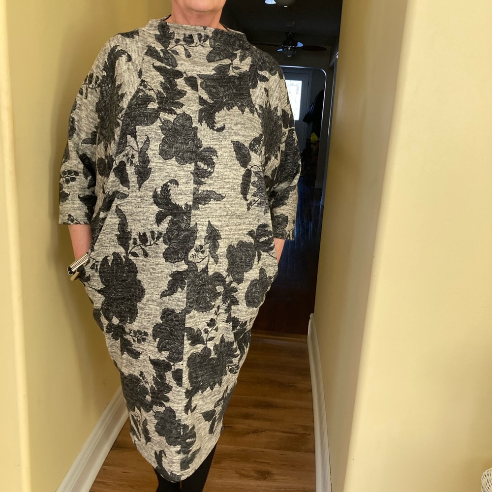 Gray Floral Midi Dress with Black Blossom Print. 14